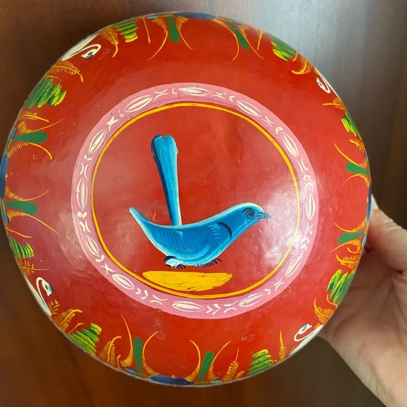 Mexican Red Bowl Multi Color Hand Painted Flowers Swan Bird Folk Art Decor Wood - Picture 3 of 9